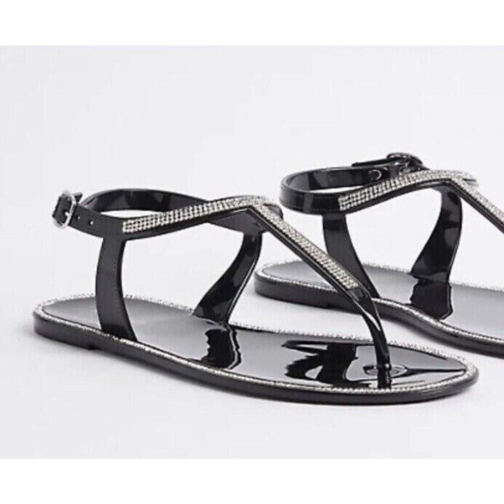 New Torrid Womans Sz 6 Wide Black Rhinestone Black Sandals Jelly‎ Tstrap NWT
